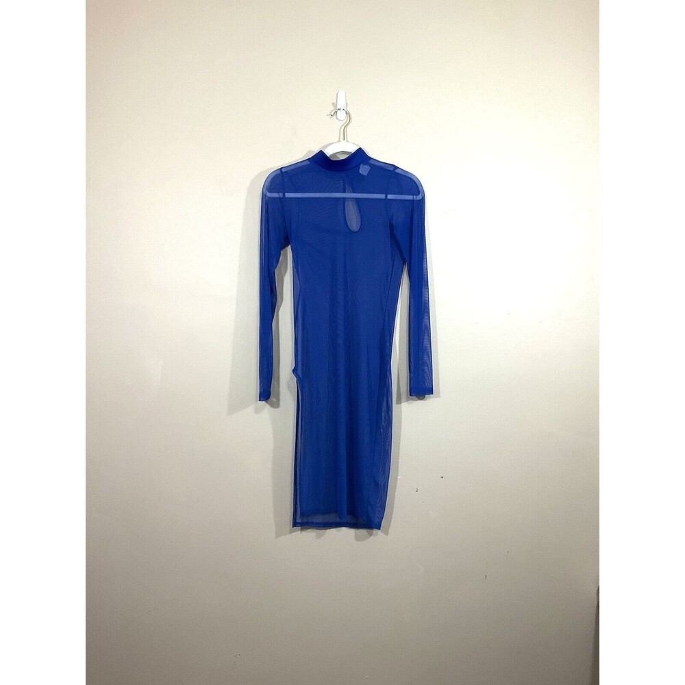 WTD Womens Sheer Mesh Midi Dress M Blue Side Slit Mock Neck Club Rave Party